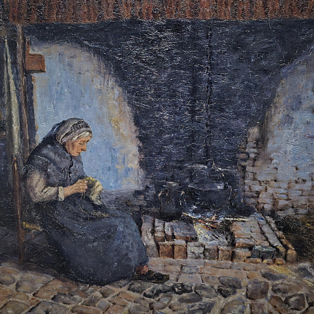 Antique Belgian Oil Painting, Interior Genre Scene, Woman Knitting by Fireplace, Signed Artwork, Ornate Wall Decor, Collectible Fine Art