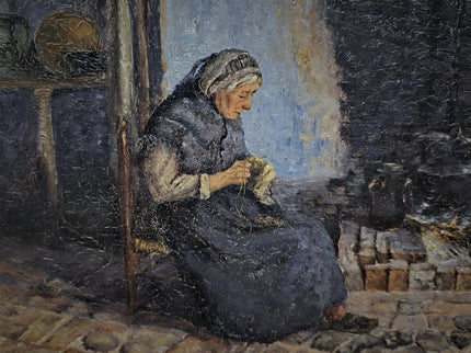 Antique Belgian Oil Painting, Interior Genre Scene, Woman Knitting by Fireplace, Signed Artwork, Ornate Wall Decor, Collectible Fine Art