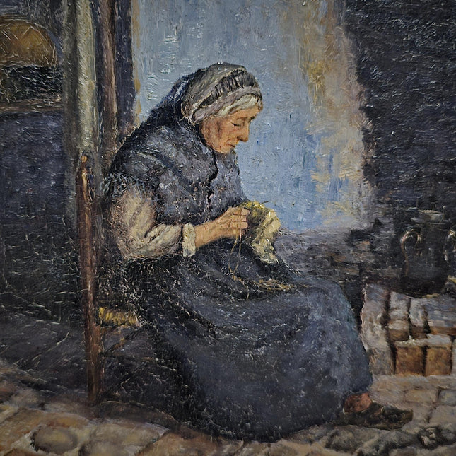 Antique Belgian Oil Painting, Interior Genre Scene, Woman Knitting by Fireplace, Signed Artwork, Ornate Wall Decor, Collectible Fine Art