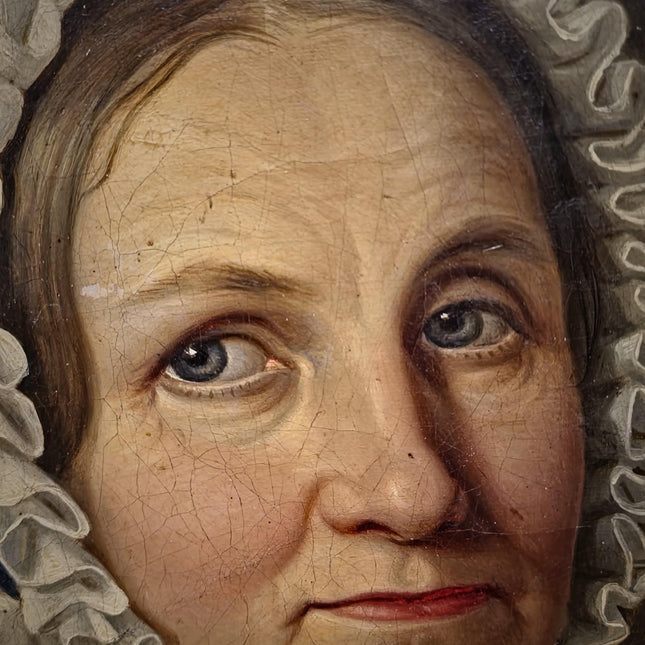 Antique German Biedermeier Portrait Painting, 19th Century Lady in Lace Bonnet, Oval Framed Oil, Bourgeois Interior Wall Art