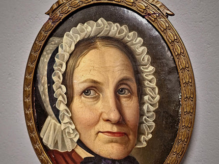 Antique German Biedermeier Portrait Painting, 19th Century Lady in Lace Bonnet, Oval Framed Oil, Bourgeois Interior Wall Art
