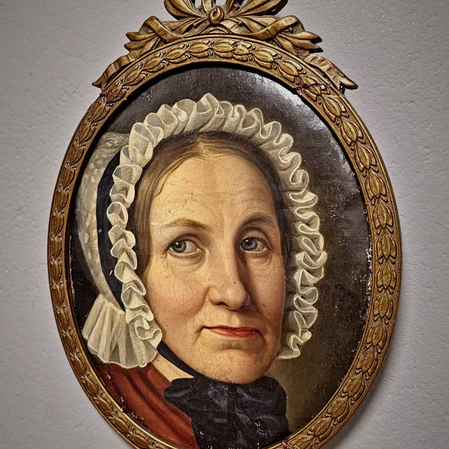 Antique German Biedermeier Portrait Painting, 19th Century Lady in Lace Bonnet, Oval Framed Oil, Bourgeois Interior Wall Art