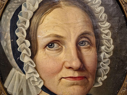 Antique German Biedermeier Portrait Painting, 19th Century Lady in Lace Bonnet, Oval Framed Oil, Bourgeois Interior Wall Art