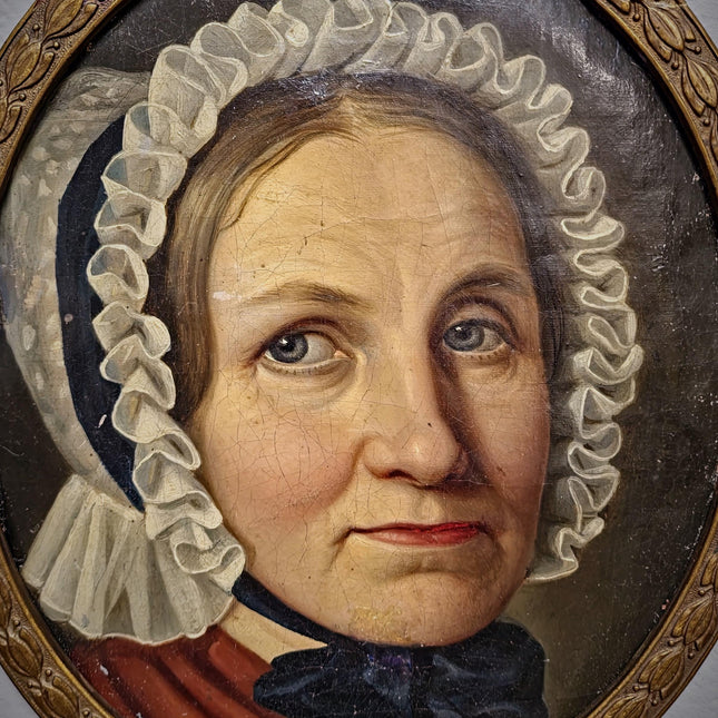 Antique German Biedermeier Portrait Painting, 19th Century Lady in Lace Bonnet, Oval Framed Oil, Bourgeois Interior Wall Art