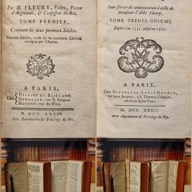 1753 Antique French Leather Book Set, 37 Volumes, 18th Century Bookshelf Decor, Rare Church History Library, Dark Academia Interior