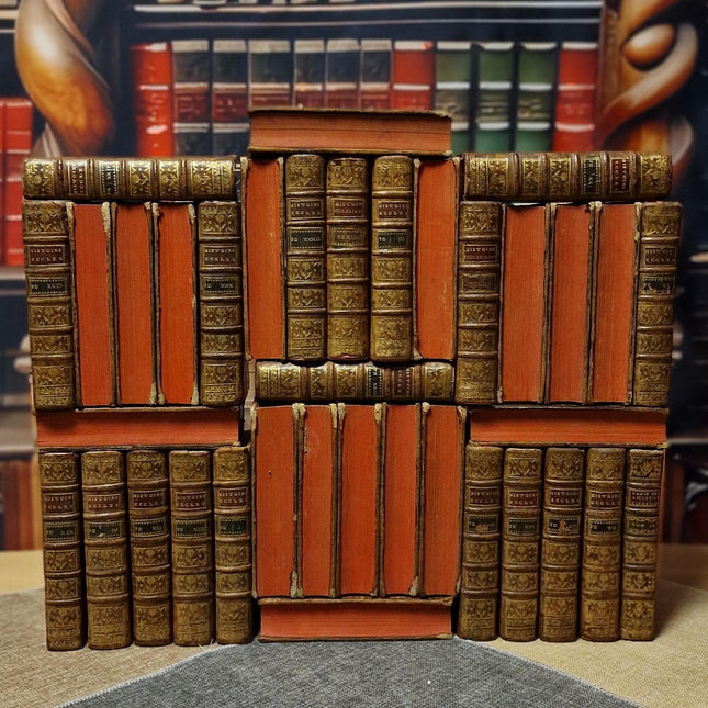 1753 Antique French Leather Book Set, 37 Volumes, 18th Century Bookshelf Decor, Rare Church History Library, Dark Academia Interior