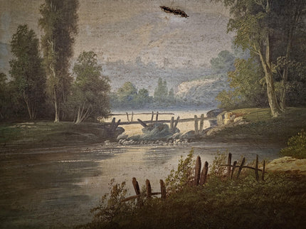 Antique French Oil Painting Landscape with Figures, 19th Century River Scene on Canvas, Large Gold Framed Wall Art, Original European Decor