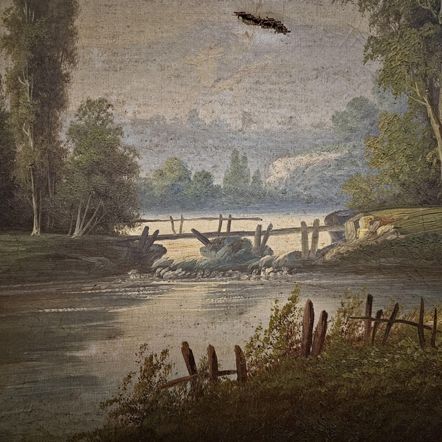 Antique French Oil Painting Landscape with Figures, 19th Century River Scene on Canvas, Large Gold Framed Wall Art, Original European Decor