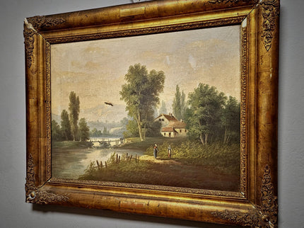 Antique French Oil Painting Landscape with Figures, 19th Century River Scene on Canvas, Large Gold Framed Wall Art, Original European Decor
