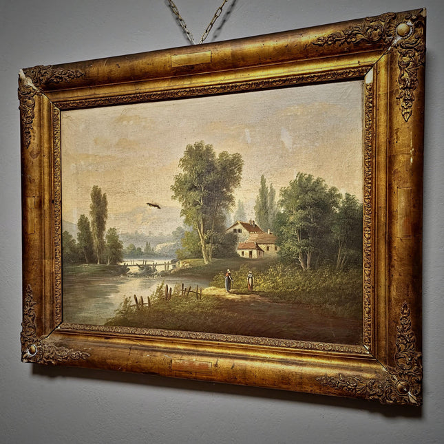 Antique French Oil Painting Landscape with Figures, 19th Century River Scene on Canvas, Large Gold Framed Wall Art, Original European Decor