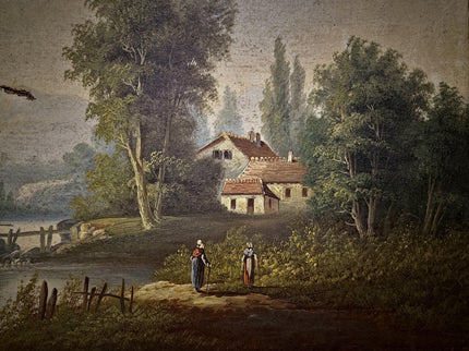 Antique French Oil Painting Landscape with Figures, 19th Century River Scene on Canvas, Large Gold Framed Wall Art, Original European Decor