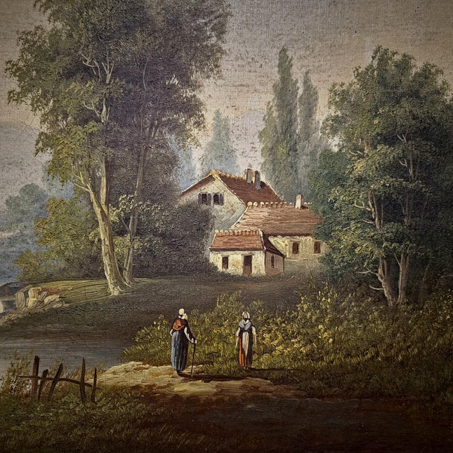 Antique French Oil Painting Landscape with Figures, 19th Century River Scene on Canvas, Large Gold Framed Wall Art, Original European Decor