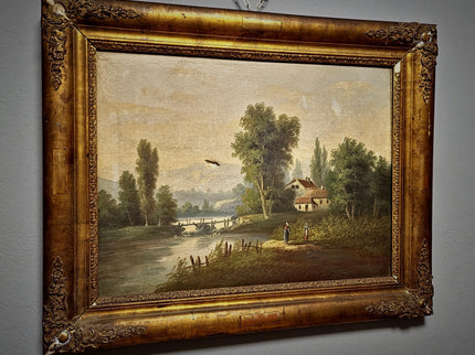 Antique French Oil Painting Landscape with Figures, 19th Century River Scene on Canvas, Large Gold Framed Wall Art, Original European Decor