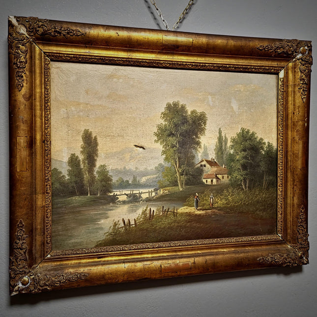 Antique French Oil Painting Landscape with Figures, 19th Century River Scene on Canvas, Large Gold Framed Wall Art, Original European Decor