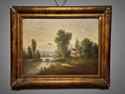 Antique French Oil Painting Landscape with Figures, 19th Century River Scene on Canvas, Large Gold Framed Wall Art, Original European Decor