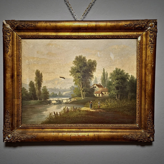 Antique French Oil Painting Landscape with Figures, 19th Century River Scene on Canvas, Large Gold Framed Wall Art, Original European Decor