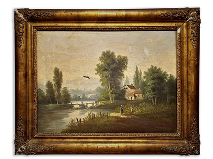 Antique French Oil Painting Landscape with Figures, 19th Century River Scene on Canvas, Large Gold Framed Wall Art, Original European Decor