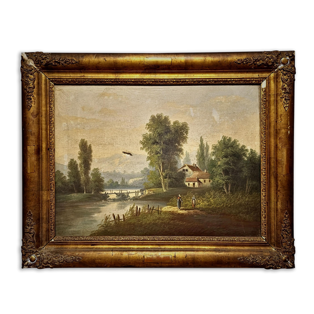 Antique French Oil Painting Landscape with Figures, 19th Century River Scene on Canvas, Large Gold Framed Wall Art, Original European Decor