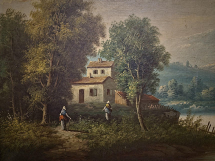 Large Antique French Oil Painting River Landscape with Figures, Original 19th Century Romantic Scene, Ornate Framed Wall Art, European Decor