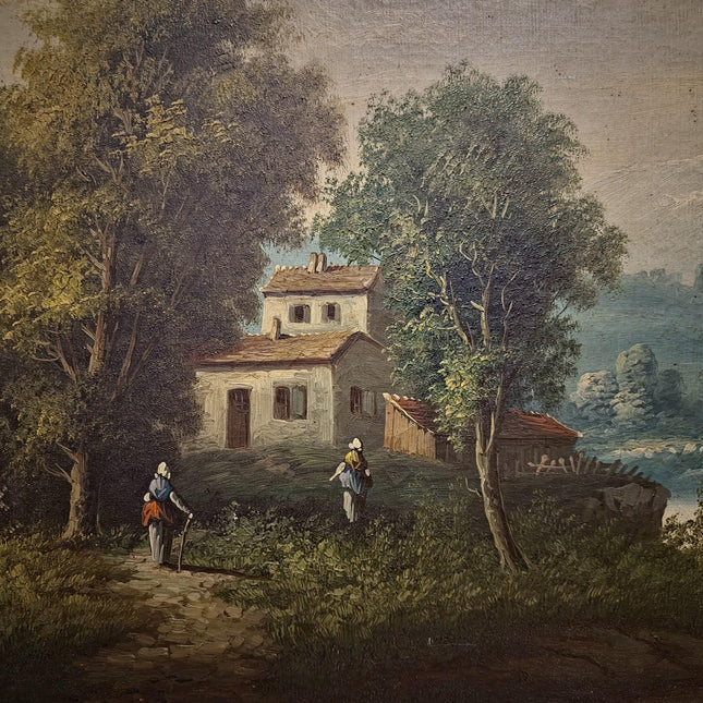 Large Antique French Oil Painting River Landscape with Figures, Original 19th Century Romantic Scene, Ornate Framed Wall Art, European Decor
