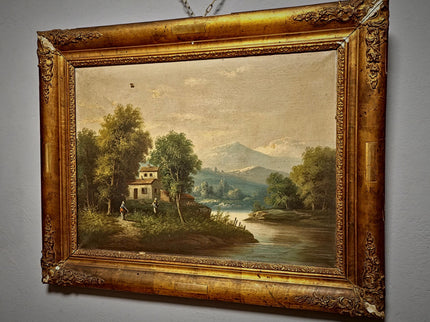 Large Antique French Oil Painting River Landscape with Figures, Original 19th Century Romantic Scene, Ornate Framed Wall Art, European Decor