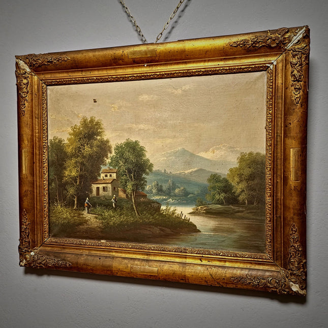 Large Antique French Oil Painting River Landscape with Figures, Original 19th Century Romantic Scene, Ornate Framed Wall Art, European Decor