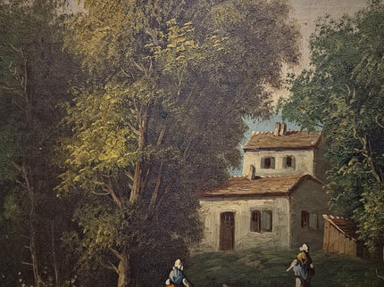 Large Antique French Oil Painting River Landscape with Figures, Original 19th Century Romantic Scene, Ornate Framed Wall Art, European Decor