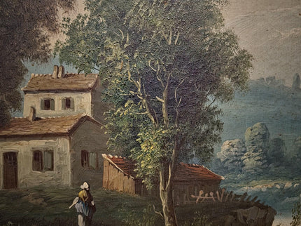 Large Antique French Oil Painting River Landscape with Figures, Original 19th Century Romantic Scene, Ornate Framed Wall Art, European Decor