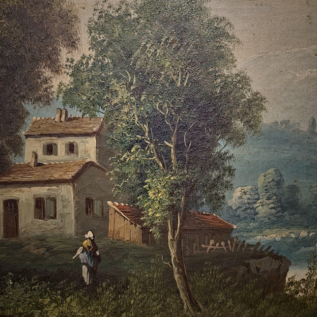 Large Antique French Oil Painting River Landscape with Figures, Original 19th Century Romantic Scene, Ornate Framed Wall Art, European Decor