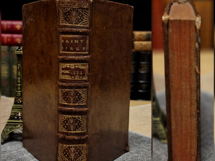 1721 Antique French Leather Bible Set, 3 Volumes, 18th Century Bookshelf Decor, Religious Library, Dark Academia Interior