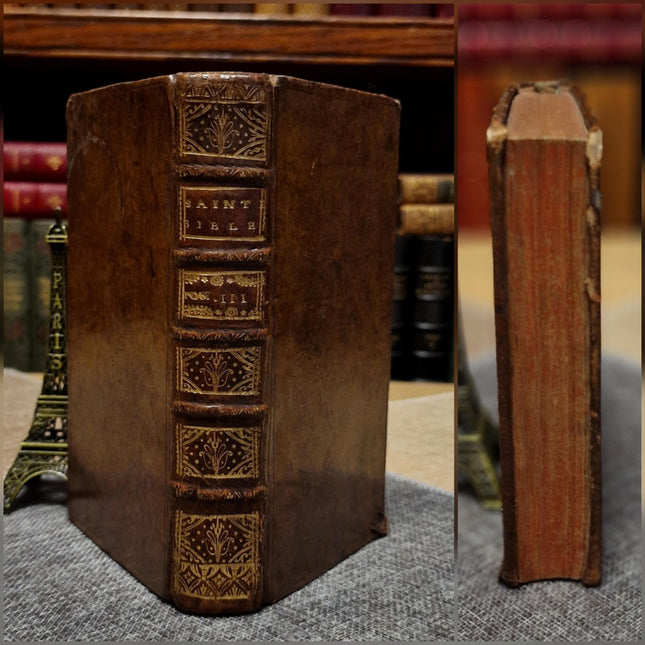 1721 Antique French Leather Bible Set, 3 Volumes, 18th Century Bookshelf Decor, Religious Library, Dark Academia Interior