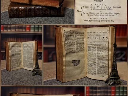 1721 Antique French Leather Bible Set, 3 Volumes, 18th Century Bookshelf Decor, Religious Library, Dark Academia Interior