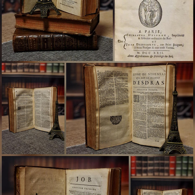 1721 Antique French Leather Bible Set, 3 Volumes, 18th Century Bookshelf Decor, Religious Library, Dark Academia Interior
