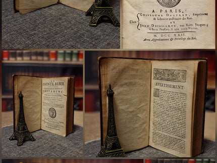 1721 Antique French Leather Bible Set, 3 Volumes, 18th Century Bookshelf Decor, Religious Library, Dark Academia Interior