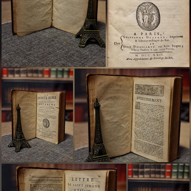 1721 Antique French Leather Bible Set, 3 Volumes, 18th Century Bookshelf Decor, Religious Library, Dark Academia Interior