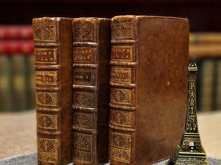 1721 Antique French Leather Bible Set, 3 Volumes, 18th Century Bookshelf Decor, Religious Library, Dark Academia Interior