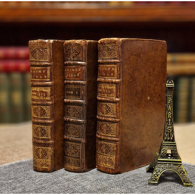 1721 Antique French Leather Bible Set, 3 Volumes, 18th Century Bookshelf Decor, Religious Library, Dark Academia Interior