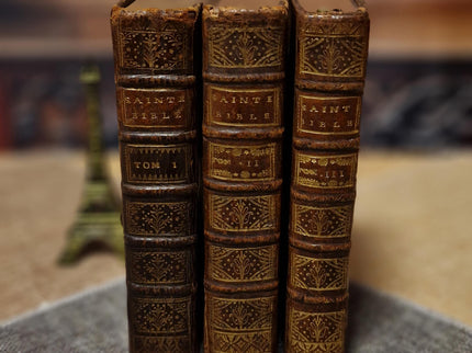 1721 Antique French Leather Bible Set, 3 Volumes, 18th Century Bookshelf Decor, Religious Library, Dark Academia Interior