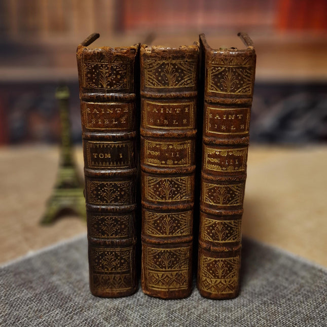 1721 Antique French Leather Bible Set, 3 Volumes, 18th Century Bookshelf Decor, Religious Library, Dark Academia Interior