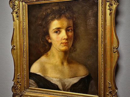 Antique German Portrait Oil Painting, 19th Century Academic Woman Portrait, Romantic Female Figure, Large Framed European Artwork