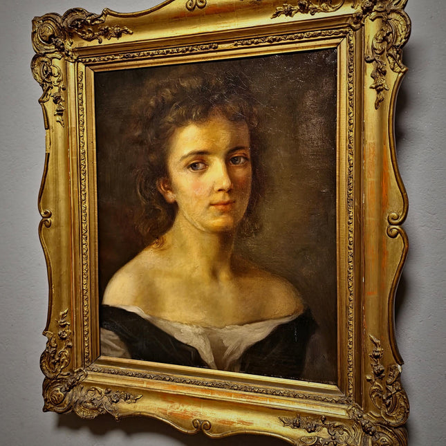 Antique German Portrait Oil Painting, 19th Century Academic Woman Portrait, Romantic Female Figure, Large Framed European Artwork