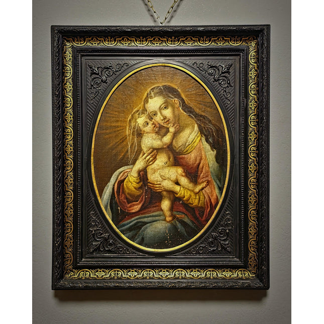 Antique Religious Painting, Madonna And Child Art, Baroque Oil On Canvas, 18th Century Artwork, Sacred Framed Wall Decor, Christian Icon