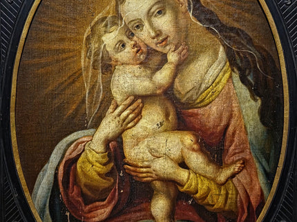 Antique Religious Painting, Madonna And Child Art, Baroque Oil On Canvas, 18th Century Artwork, Sacred Framed Wall Decor, Christian Icon