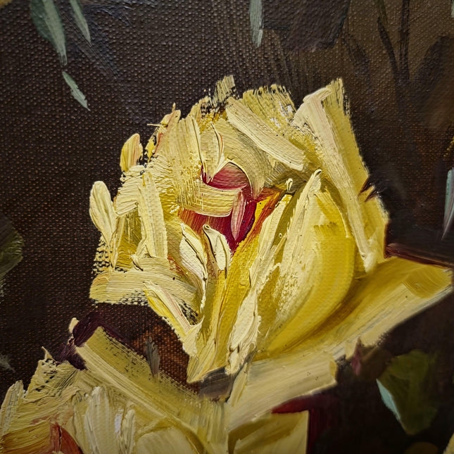 Large Vintage Floral Oil Painting, Yellow Roses Still Life, Signed Flower Bouquet Artwork, Framed Wall Decor, Original Mid Century Fine Art