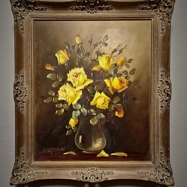 Large Vintage Floral Oil Painting, Yellow Roses Still Life, Signed Flower Bouquet Artwork, Framed Wall Decor, Original Mid Century Fine Art