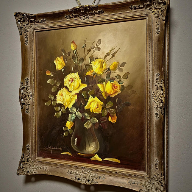 Large Vintage Floral Oil Painting, Yellow Roses Still Life, Signed Flower Bouquet Artwork, Framed Wall Decor, Original Mid Century Fine Art