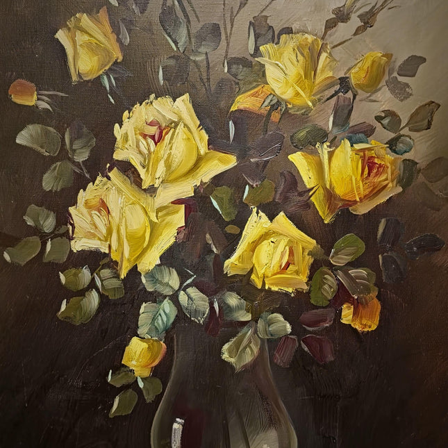 Large Vintage Floral Oil Painting, Yellow Roses Still Life, Signed Flower Bouquet Artwork, Framed Wall Decor, Original Mid Century Fine Art