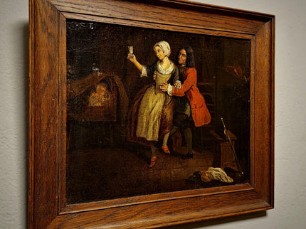 Antique Dutch Genre Painting, Gentleman And Maid Scene, 18th Century Oil On Canvas, Old Master Style, Dark Moody Framed Wall Art Decor