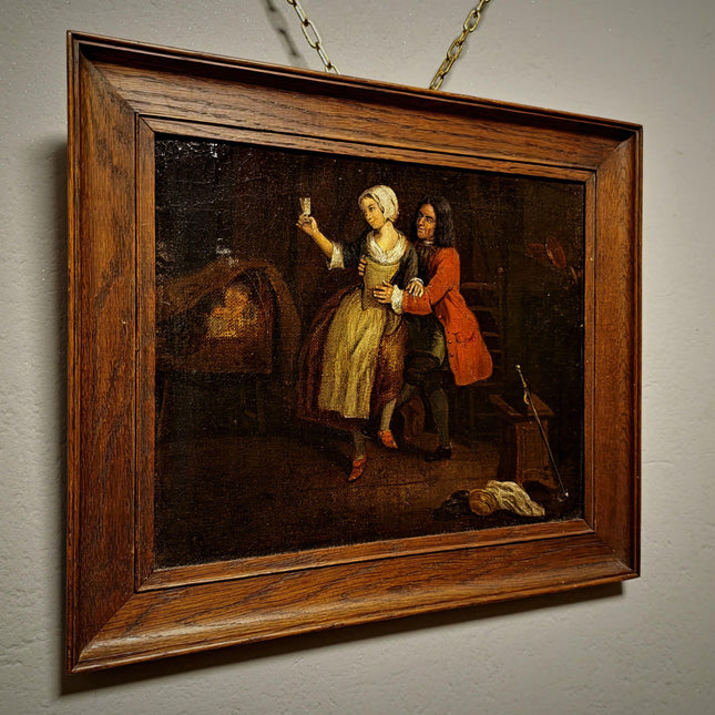 Antique Dutch Genre Painting, Gentleman And Maid Scene, 18th Century Oil On Canvas, Old Master Style, Dark Moody Framed Wall Art Decor