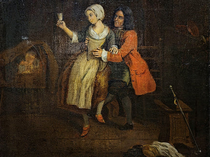 Antique Dutch Genre Painting, Gentleman And Maid Scene, 18th Century Oil On Canvas, Old Master Style, Dark Moody Framed Wall Art Decor